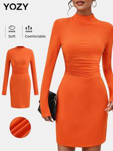 YOZY Women's Plain Ruched Stand Collar Bodycon Dress, Casual Long Sleeve Short Dress for Fall & Winter, Women's Clothing for Daily Wear