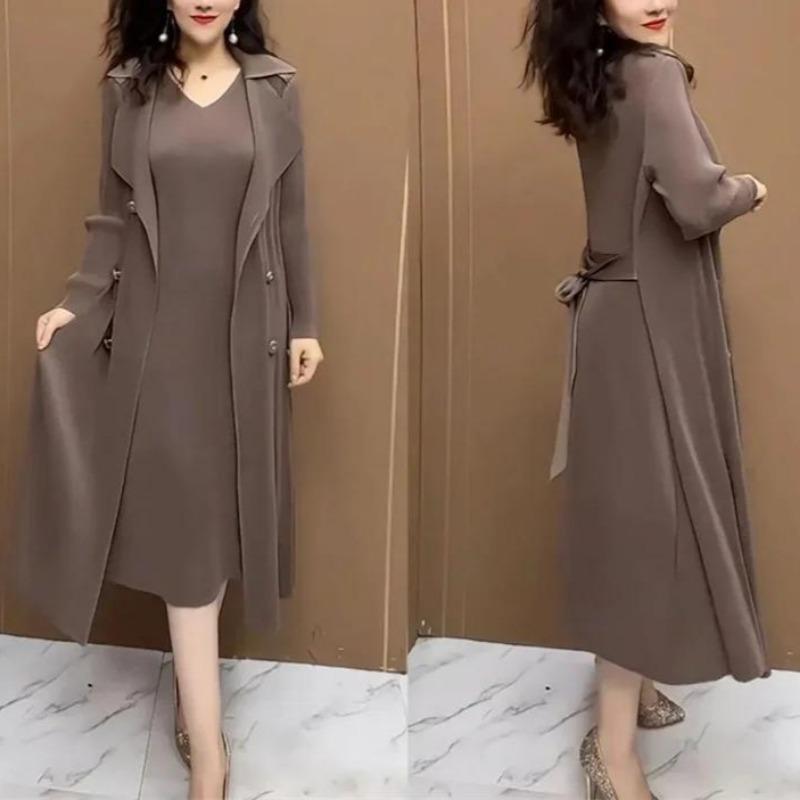 Product Introduction of 2024 Spring Autumn Fake Two-piece Dress Women Fashion Casual Fake Windbreaker Plus Size Waistband Dresses Female Mid-Long Fake Cardigan Jacket Dress Vestidos 13