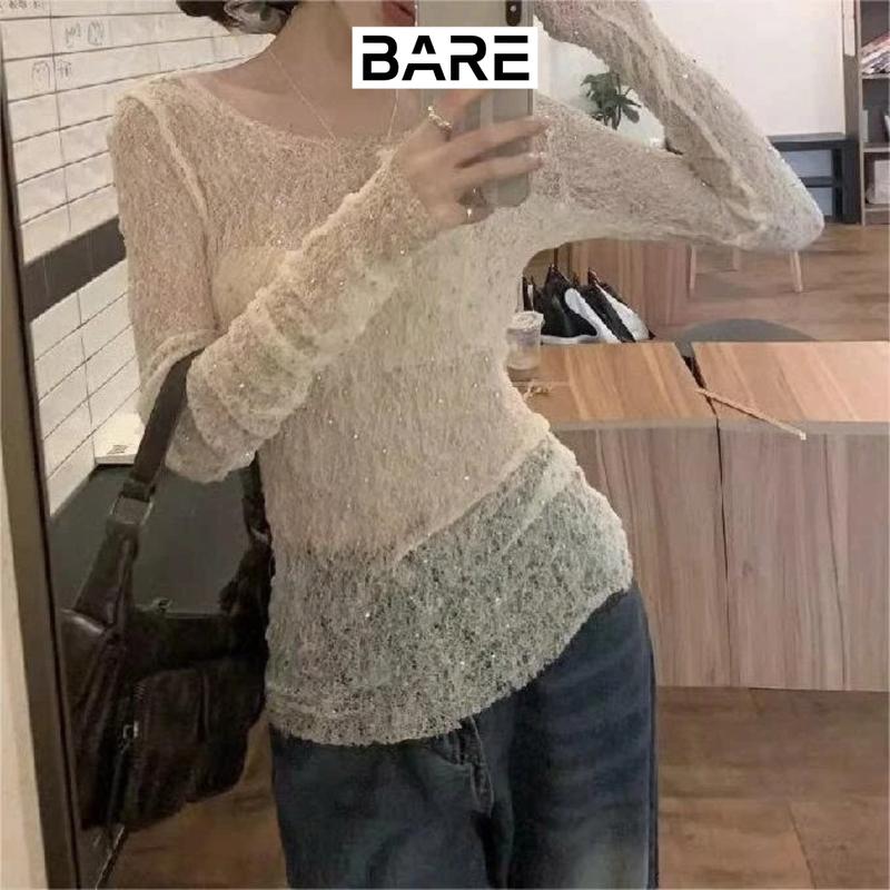 BARE_Áo Ren Lưới Đính Đá Ôm Body Dài Tay Kèm Áo 2 Dây Bên Trong Phong Cách Quyến Rũ- A406 Nữ Women Kem Top