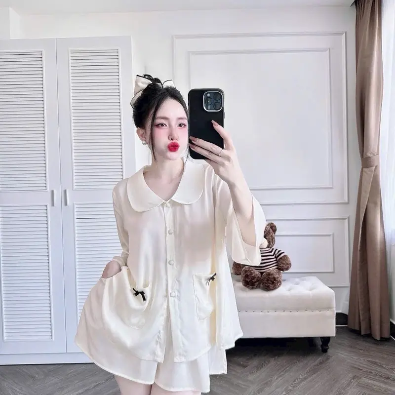 Set Bộ Đồ Ngủ Bộ Mặc Nhà Tiểu Thư Cổ Sen 2 Túi Tay Lửng Lụa Tơ Tằm CC Dành Cho Nữ 40-75kg 4