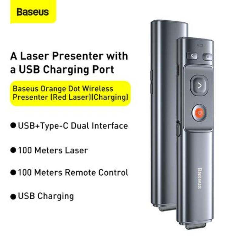 Bút Laser trình chiếu Baseus Orange Dot Wireless Presenter cho Laptop/ Macbook (100m. 2.4Ghz USB/Type C Receiver, Wireless Remote Control, Red Laser Pointer/ Presenter)