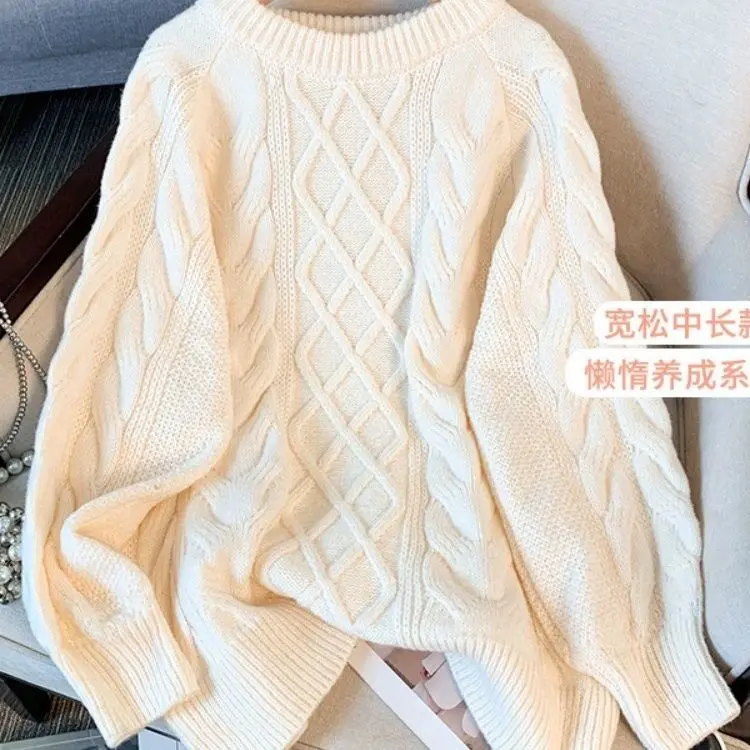 Áo Len Dệt Kim Cáp Màu Trắng, Ngoại Cỡ, Dành Cho Phụ Nữ, Mùa Thu Và Mùa Đông, Dày Dặn, Thích Hợp Cho Cô Gái Đầy Đặn, Giấu Bụng, Hiệu Ứng Bó Sát Phong Cách Thoải Mái, Dài Tay, Áo Đồ Lót 0