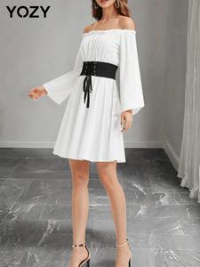 YOZY Women's Colorblock Off Shoulder Lace Up A Line Dress, Casual Frill Trim Long Sleeve Short Dress for Daily Wear, Ladies Clothes for All Seasons