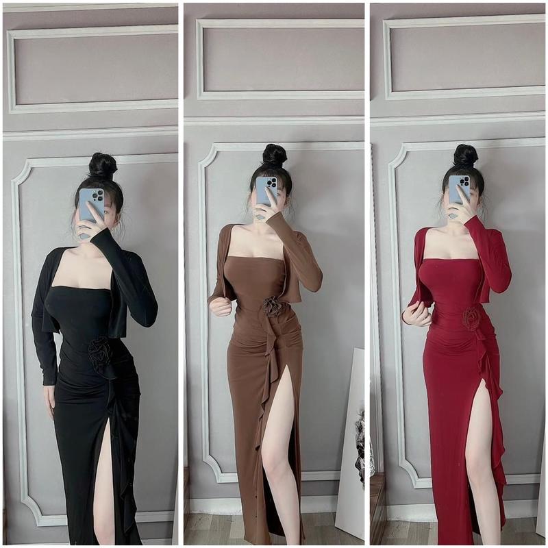  Set đầm body dáng dài cup ngực xẻ tà hông phối hoa kèm áo khoác tay dài chất thun ladong sang chảnh-thích hợp đi tiệc đi chơi...có mút sẵn O Kem Nữ Women Dress Đỏ 