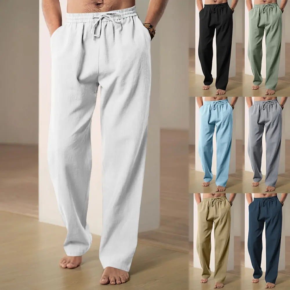 Mens Beach Pants Hawaii Vacation Pants Cotton and Linen Pants Breathable Trousers Streetwear Men Joggers Men Clothing Menswear Human Pocket Beige Casual Plain Clothe