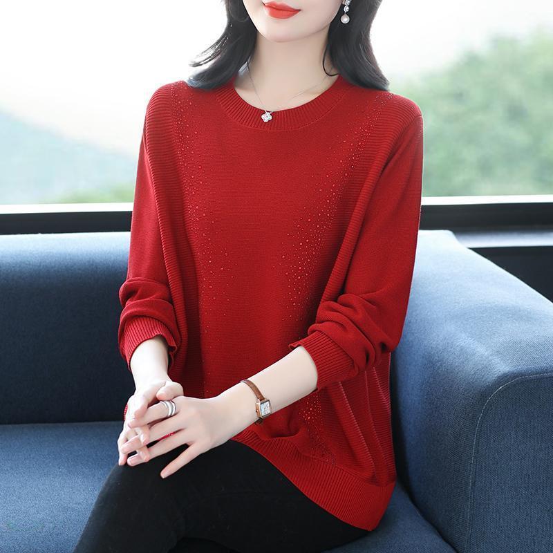 Knatwear women's round neck rhinestone sweater new fashion mom loose Western style knits long sleeve thin top crop 3