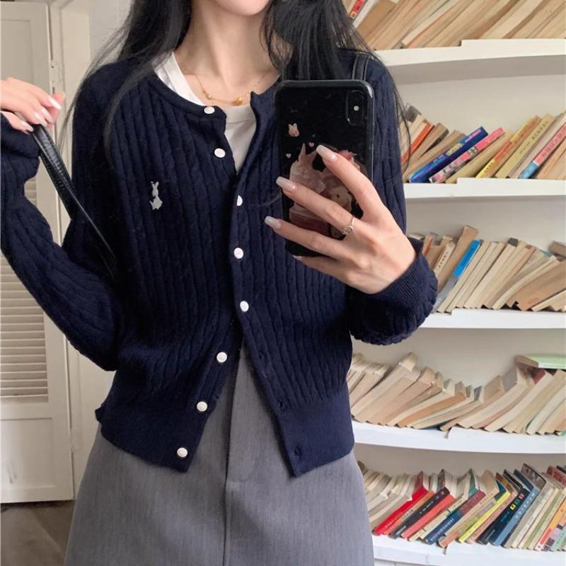 College Style Long Sleeve Round Neck Embroidery Twist Knitting ...