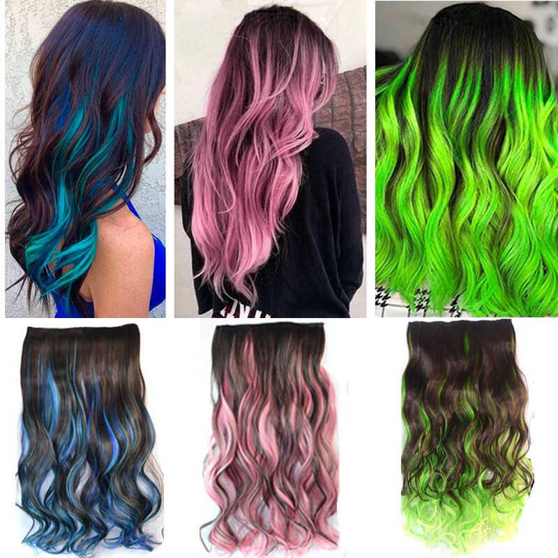 Long Curly 5 Clip In Extension High Temperature Synthetic Brown Mixed Green Blue Pink red Hair Piece 1