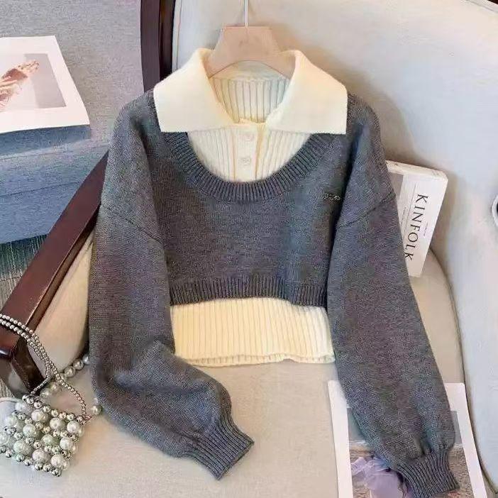 Vòng Cổ Polo, Phong Cách Hàn Quốc, Bộ Đồ Áo Vest Áo Chui Đầu Đồ Len Bộ Đồ Hai Mảnh, Hàng Mới Về Mùa Thu Và Mùa Đông 2024, Áo Trên Nữ Women Top 1
