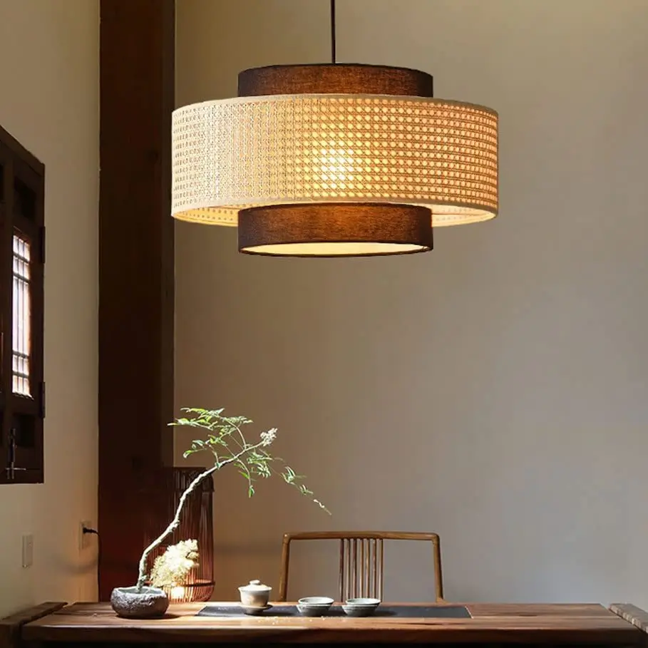 Rustic Pendant Lamp Rattan Chandelier Drop Ceiling Light Natural Bamboo Handwoven Unique Hanging Light Fixtures For Restaurant, Dining, Teahouse, Farmhouse