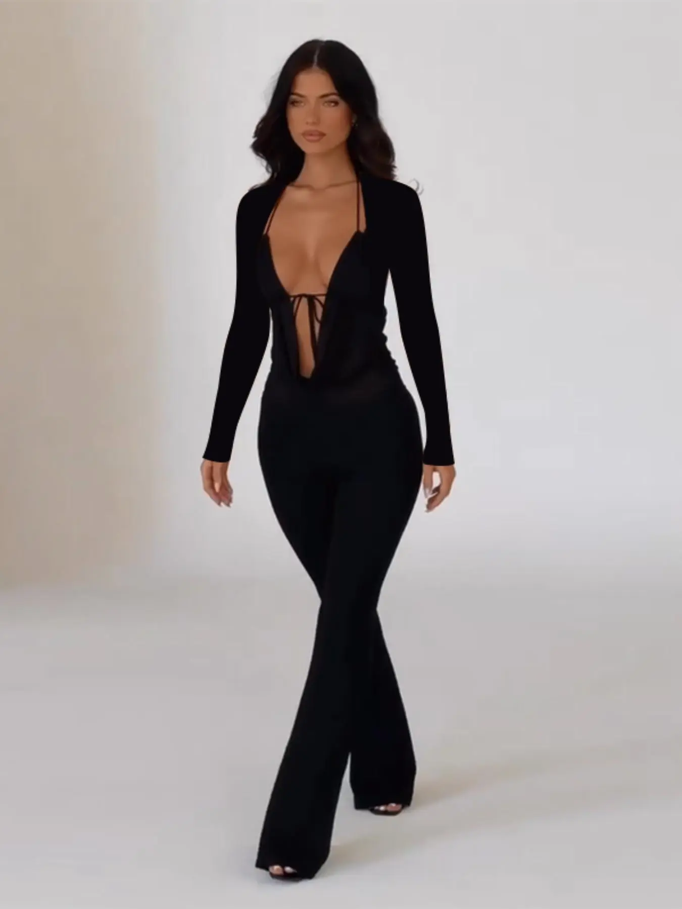 Women's Solid Cut Out Backless Jumpsuit, Casual Deep V Neck Long Sleeve Jumpsuit for Spring & Fall, Women's Clothes for Daily Wear Valentine's Day, gift