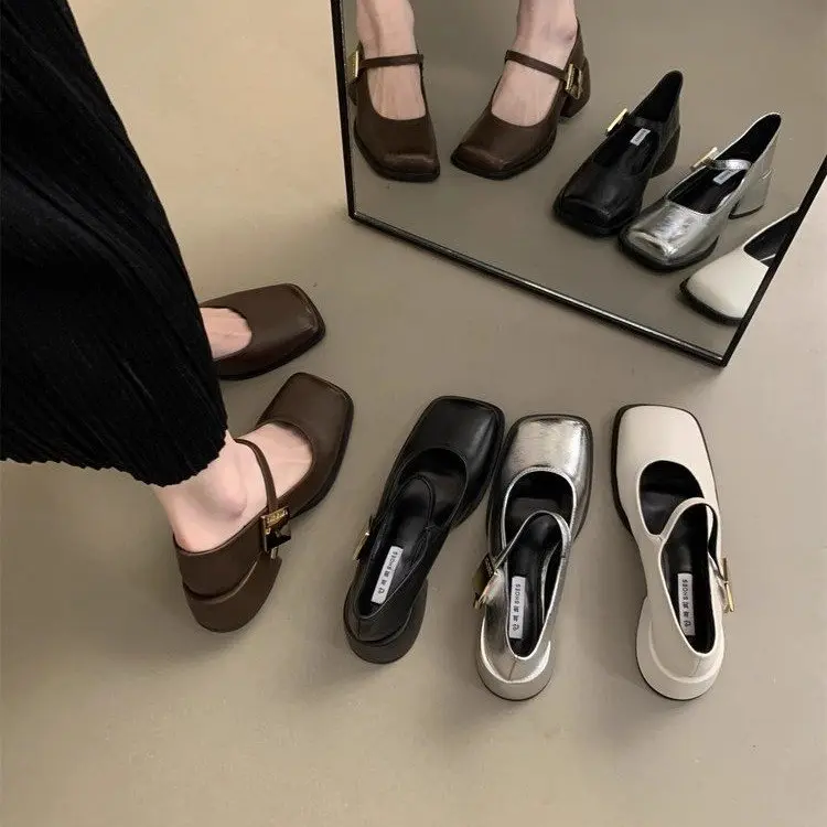 Square Toe Square Mid Heel (3-5cm) PU Buckle Strap Mary Jane Shoes Ladies Women