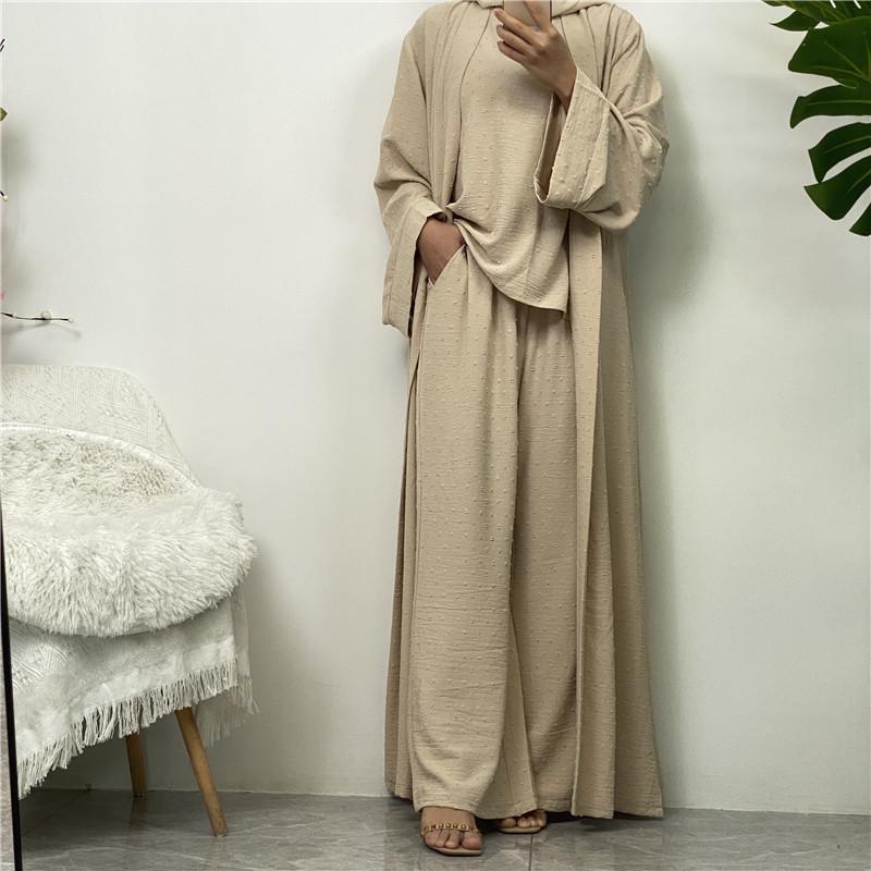 Product Introduction of Robe Three-Piece Set Long Cardigan Sleeveless Top and Pants with Pockets Muslim Islamic Clothing 1958 3