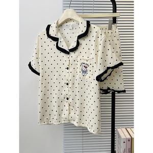 ชุดนอนเซ็ต 2 ชิ้น สำหรับผู้หญิง ลูกไม้ลายจุด ผ้าฝ้ายเมฆบางฤดูร้อน แขนสั้น เหมาะสำหรับนักเรียน สไตล์คาร์ดิแกน ชุดใส่อยู่บ้าน