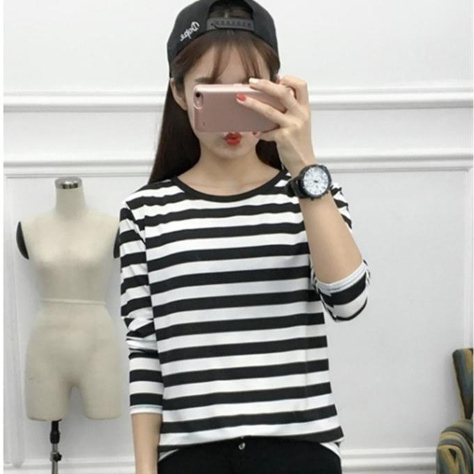 Áo Thun Nữ Dài Tay, F # 029, Dáng Rộng Vừa Vặn, Có Lớp Lót Bên Trong Và Có Thể Mặc Bên Ngoài, Thích Hợp Cho Mùa Thu Và Mùa Xuân, Sọc Đen Và Trắng, Vừa Vặn Tuyệt Vời, Thời Trang, Top Women Cổ Tròn 3