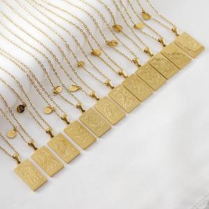 Kalung Zodiak, Bahan Keluli Tahan Karat, Untuk Wanita, Loket Zodiak Dua Belas Segi Empat Emas 18K, Rantai Kolar, Diperbuat daripada Keluli Titanium