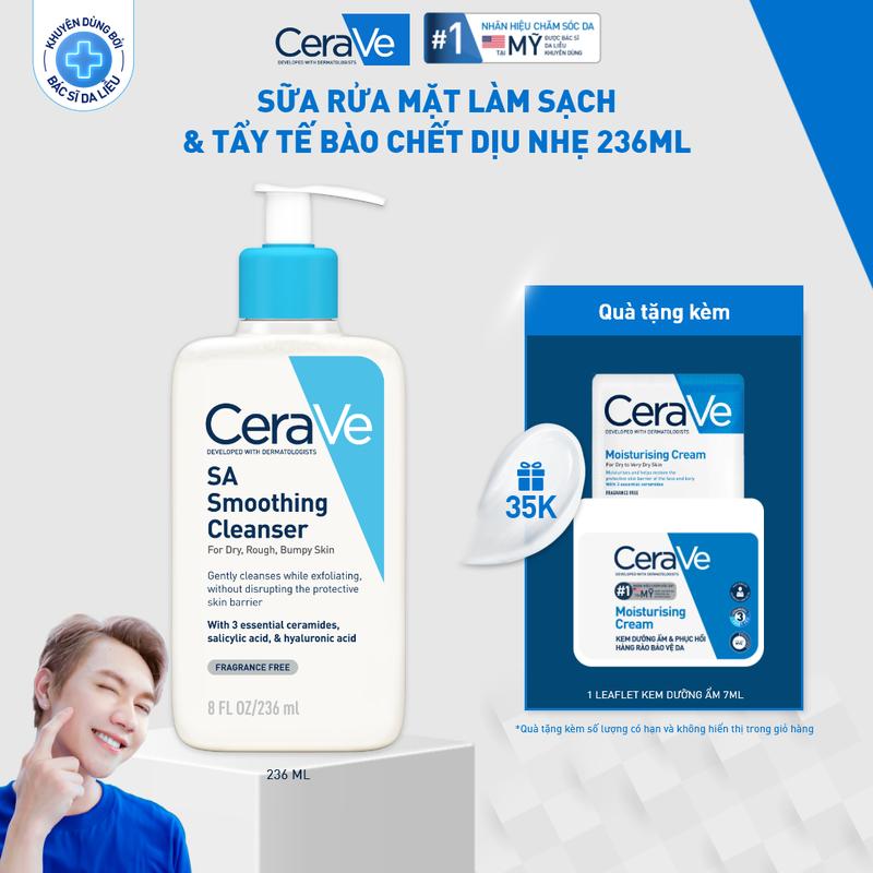 [Deal FlashSale] Sữa rửa mặt làm sạch & tẩy tế bào chết dịu nhẹ CeraVe SA Smoothing Cleanser 236ml;chứa Salicylic Acid (BHA) nhẹ nhàng làm sạch, tẩy tế bào chết cho da, giảm mụn ẩn, mụn đầu đen, bã nhờn. Chăm sóc da_Sữa rửa mặt_Skincare cho Nam và Nữ