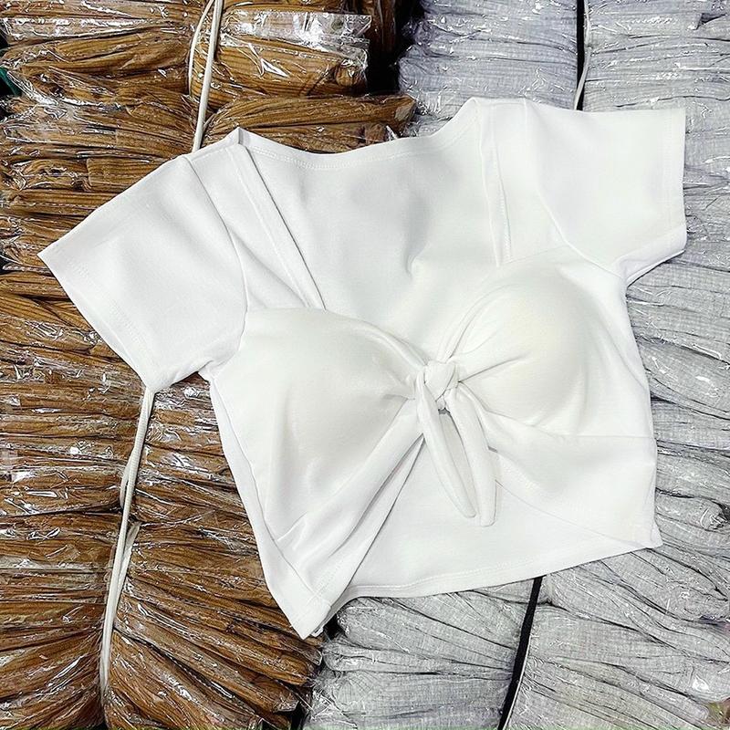 Áo thun nữ cổ U cột nơ trước ngực Tay ngắn thun borip kiểu Croptop , Voi Women Shirt