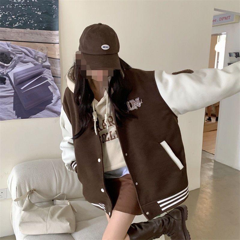 Product Introduction of 2022 Autumn and Winter New American Vintage Fleece-Lined Baseball Uniform Women's Printed Korean Style Loose-Fitting Student Coat Small Fashion Womenswear Jackets 8