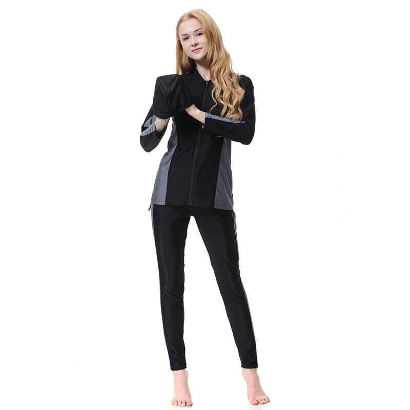 Product Introduction of Long Sleeve Full Body Swim Suits For Women Muslim 2024 Burkini Swimwear Front Zipper Shirt Pants Caps Swimsuit H1001 13