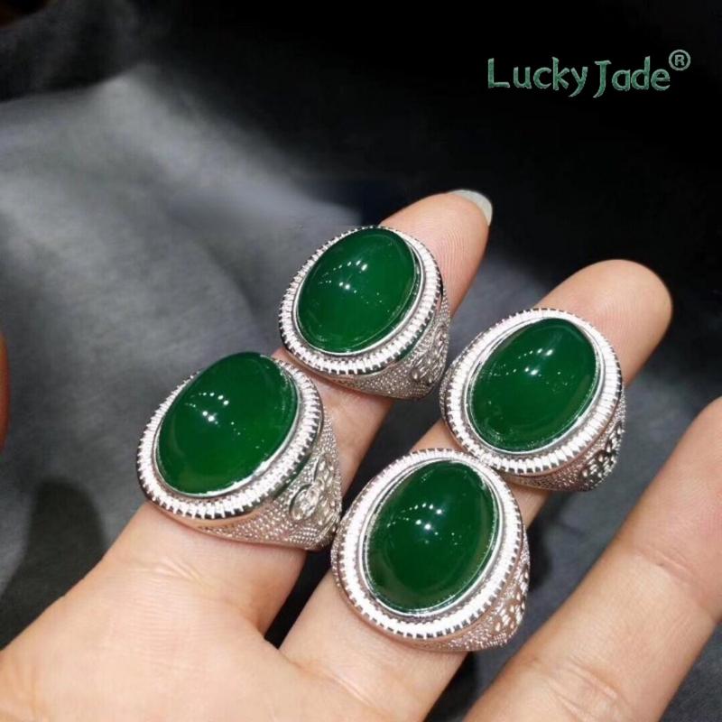 Product Introduction of [Lucky Jade] S925 Silver-Plated Inlaid Green Chalcedony Men's Rings High-End Gift 91