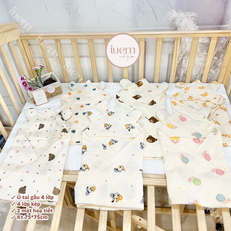 iuem Ủ choàng tai gấu kích thước 75*75cm, 4 lớp kép,  quấn ủ bảo vệ cho bé sơ sinh, ủ mềm mát, nhẹ thoáng, kết hợp làm khăn tắm cho bé