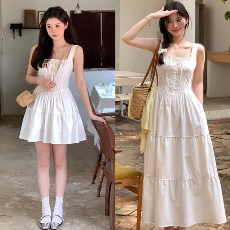 Có BIGSIZE Un.style - TK Váy trắng hai dây nhún ngực ly eo dáng xòe 2 mẫu dài & ngắn có bo chun lưng