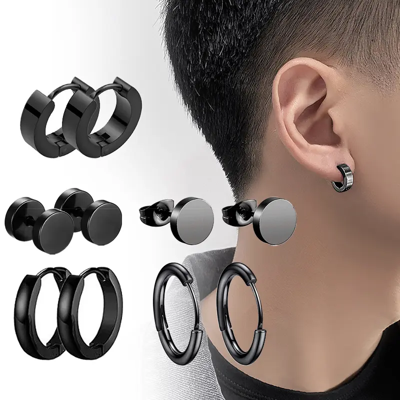 1 Pair of Stud Earrings Punk Black Stainless Steel Stud Earrings Men's Women's Gothic Cross Round Street Popular Hip Hop Stud Earrings Pierced Jewelry