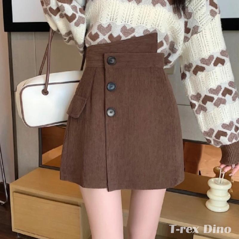 Quần Giả Váy Nhung Tăm Khuy Nữ Chữ A Cạp Cao Tôn Dáng, Nữ Tính mã V01 Quần Kem