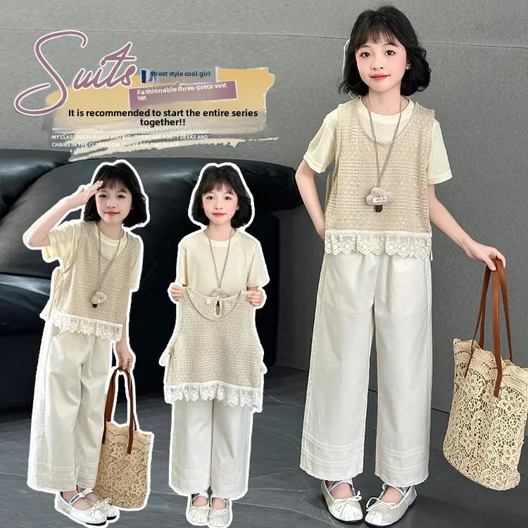 Quần Áo Bé Gái, Phong Cách Hàn Quốc, Thời Trang, Thích Hợp Mặc Hàng Ngày Hoặc Đi Học, Quần Và Áo Phong Cách Vest, 18-50kg, Phải Mua Riêng