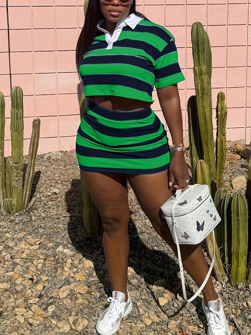 Product Introduction of Women's Colorblock Striped Print Short Sleeve Polo Shirt  & Skirt Two-piece Set, Casual Crop Top & Short Skirt for Summer, Ladies Clothes for Daily Wear 1