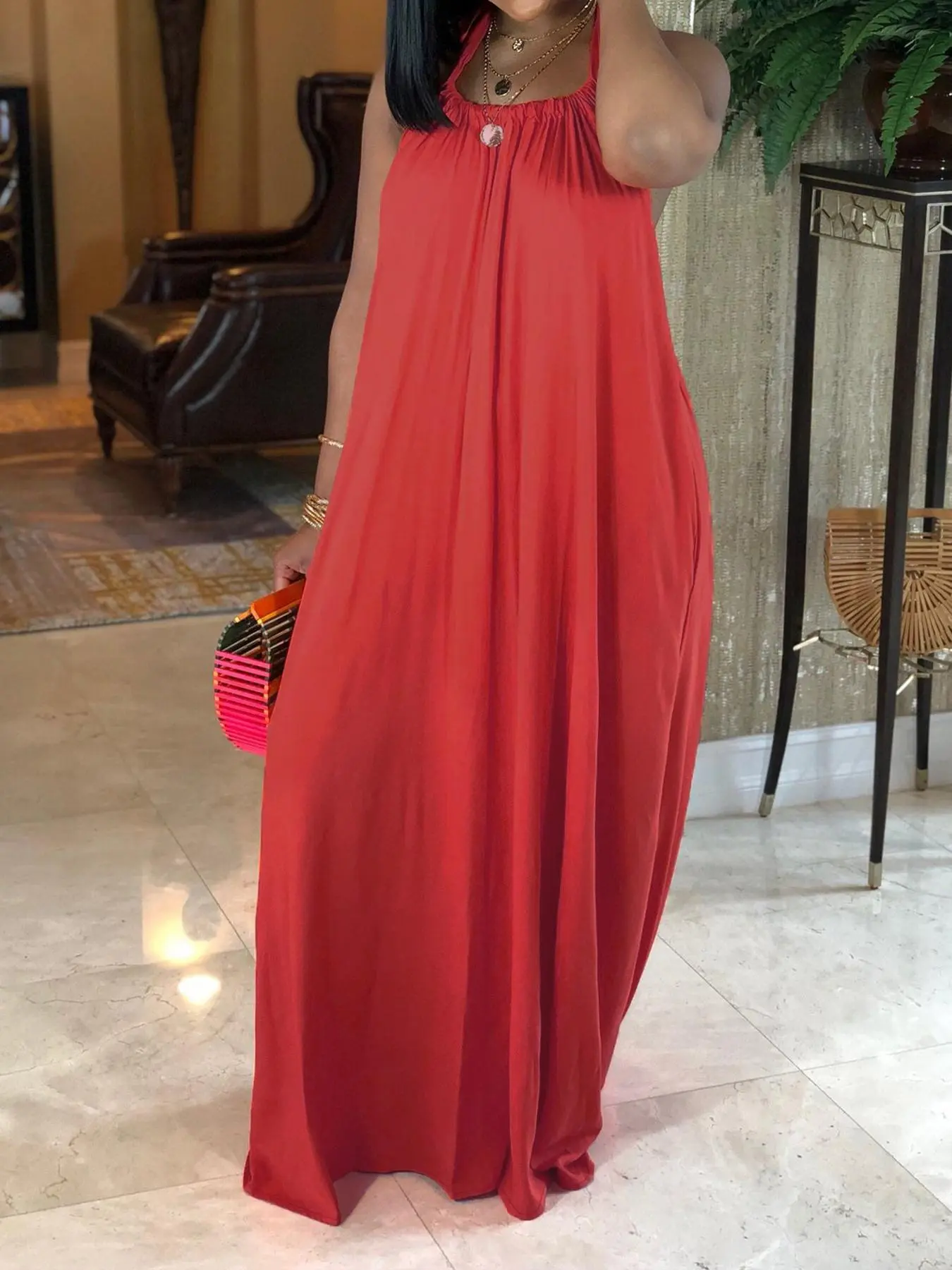 【Plus Size】 Solid Halter Neck Maxi Dress, Plus Fashion Casual Sleeveless Long Dress for Summer Daily Outdoor Wear, Women Plus Clothing for All Seasons