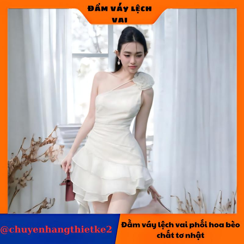 Đầm váy lệch vai  phối hoa bèo chất tơ nhật, chân váy xếp tầng tua rua dài 1 bên tiểu thư Nữ Bo Chun Women Nhung Dress Voi Màu Đen