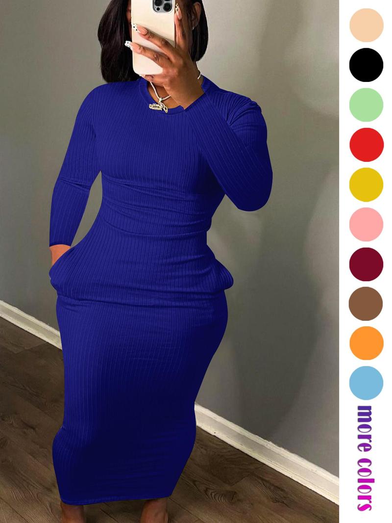 Product Introduction of Women's Solid Pocket Long Sleeve Bodycon Dress, Elegant Round Neck Dress for Party Holiday Wedding Guest, Ladies Fall & Winter Clothes, 2025 Trend, Spring & Fall Clothing, Going Out Dresses 6