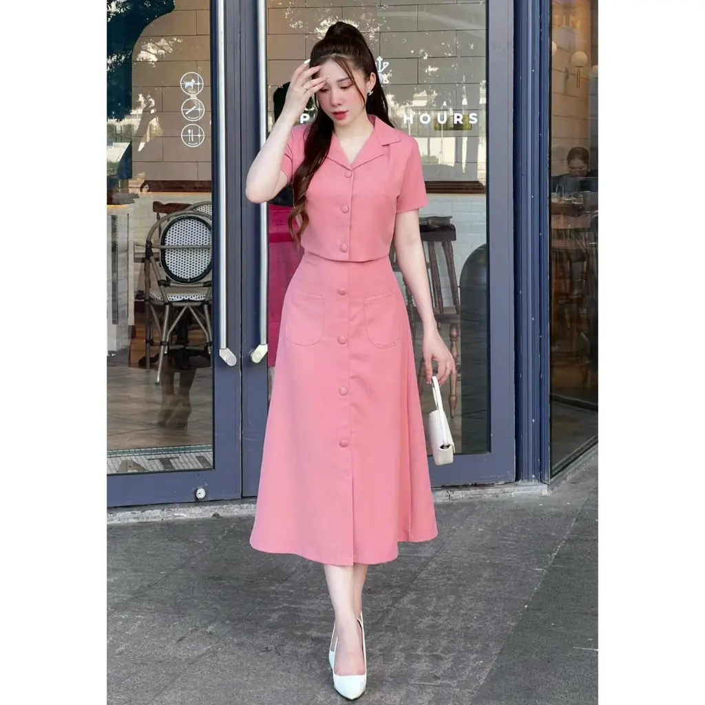 Set váy thời trang nữ chất cotton lạnh áo sơ mi tay ngắn mix chân váy chữ A dài đính nút thiết kế sang trọng