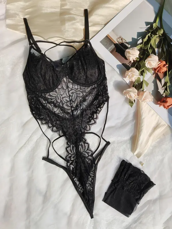 Women's Contrast Lace Sheer Lingerie Set, Sexy Lace Up Criss Cross Backless Cami Bodysuit & Thong One-piece & Stockings Set, Women's Lingerie & Underwear Set for All Seasons 0