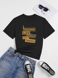 ImprinTee Women's Letter Graphic Print Round Neck Tee, Trendy Casual Short Sleeve T-shirt for Daily Wear, Ladies Summer Outfit