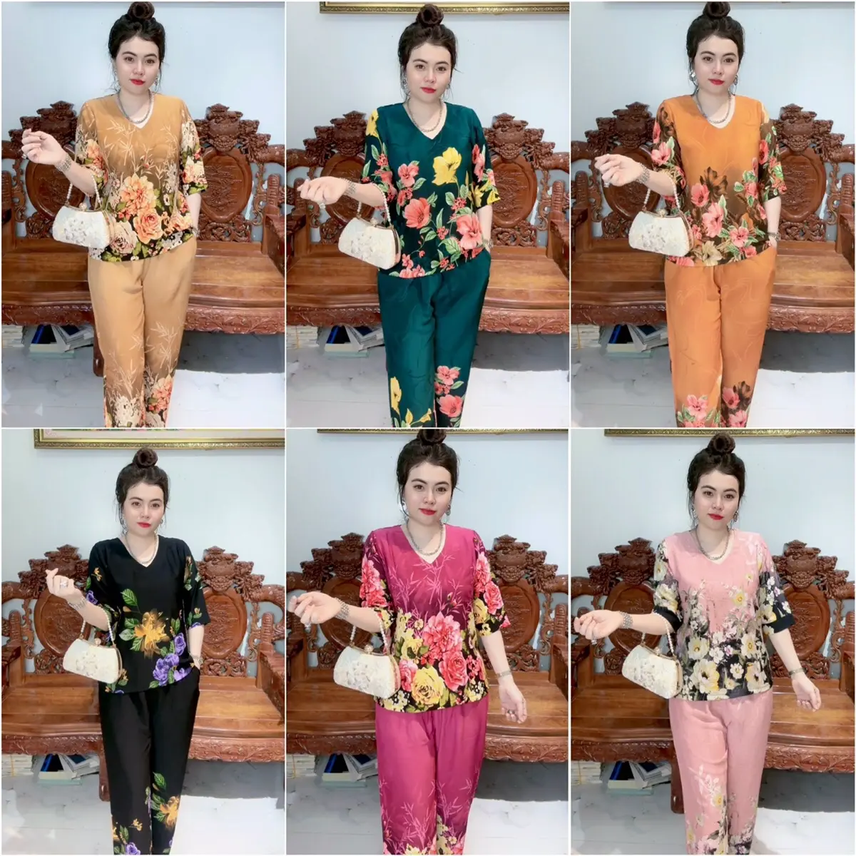 Bộ CỔ TIM BÔNG CHÂN, tay lỡ quần dài, bộ gồm áo và quần, thiết kế sang trọng cho chị em phụ nữ.