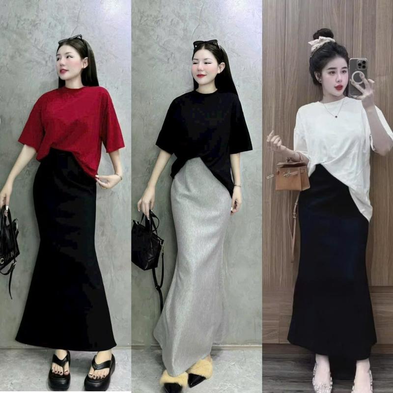  SM - Set áo thun trơn tay ngắn form rộng mix chân váy đuôi cá dáng dài năng động - thun gân lạnh BB741 set bộ  set nữ tôn dáng  set chân váy  set bộ nữ  set đi biển  set váy 