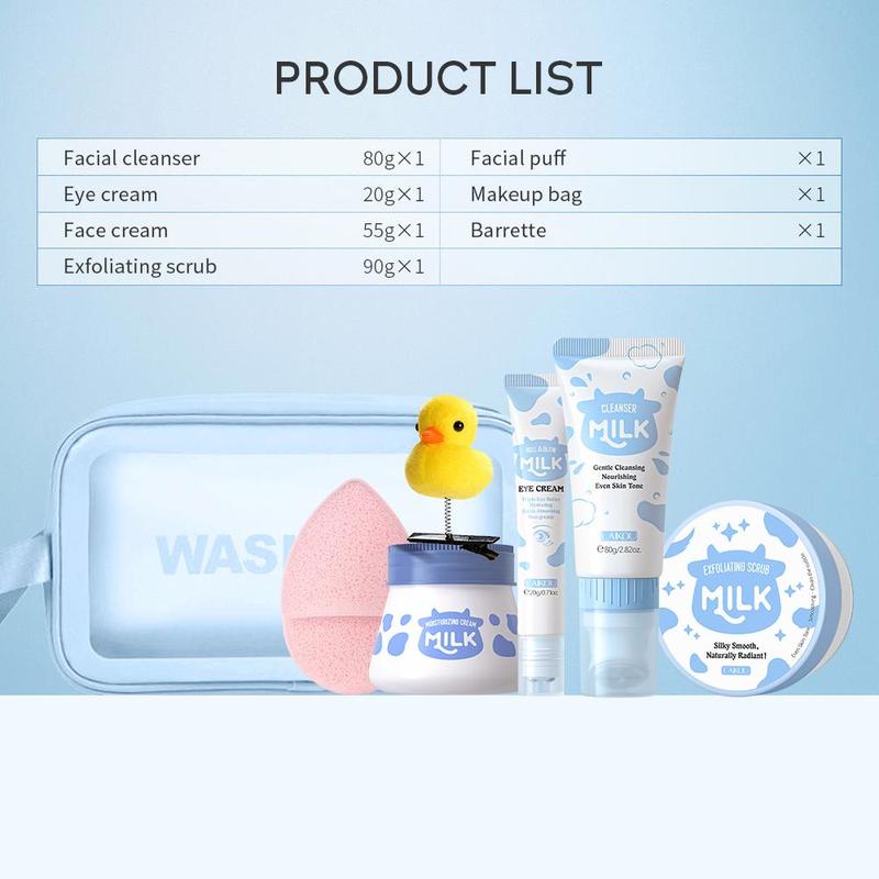 Milk Moisturizing Skincare Kit, Including 1 Cleanser, 1 Eye Cream, 1 Face Cream, 1 Scrub, 1 Face Cleansing Puff, 1 Makeup Bag and 1 Duck Decor Hair Clip, Valentine's Day Gift 2