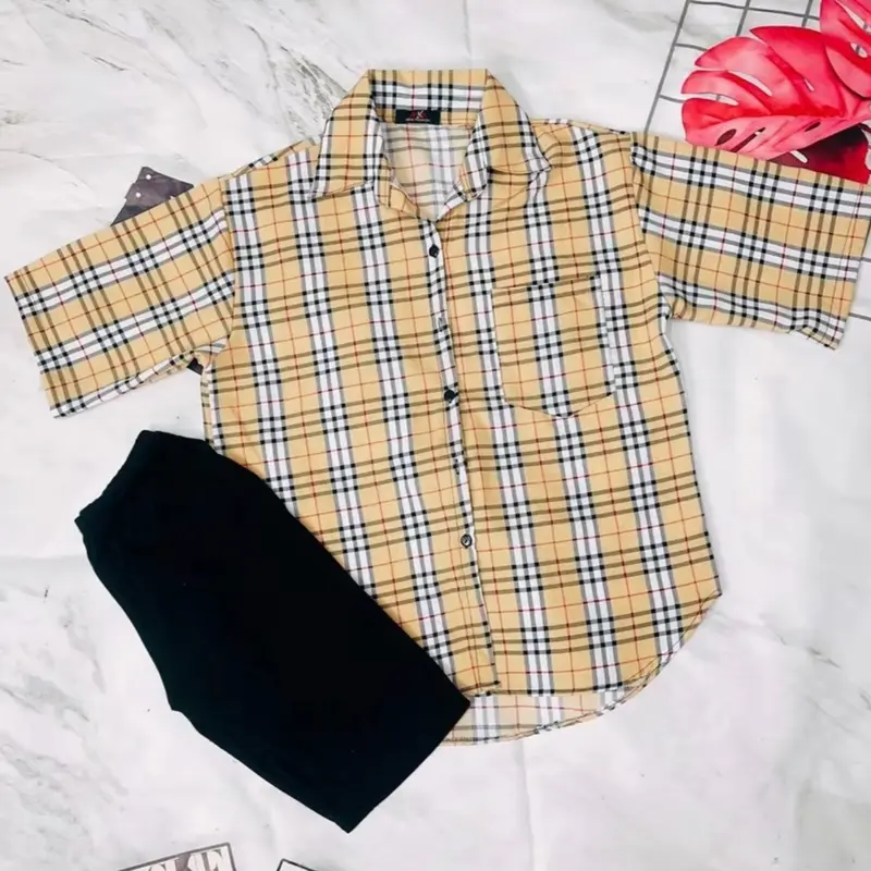 Bộ sơ mi phom rộng quần ngố hàng Freesize 45-70kg Nữ Women Voi Top Shirt Nhung 6