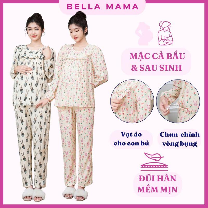 Bộ Bầu Mặc Nhà Đũi Hàn Đồ Bầu Sau Sinh Mở Khóa 2 Bên Cho Con Bú Quần Chun Chỉnh Bụng Bộ Bella Mama - BN19