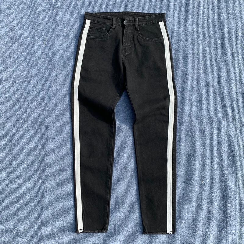 Quần Skinny Jeans Nam Co Giãn Tua Lai Đen Phối Sọc Trắng Xám - Đen Rách Gối Phối Dây