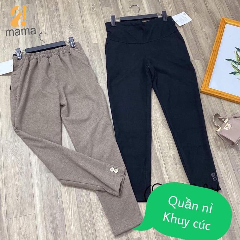  Quần bầu dạ nhung tăm 2mama có lót nỉ chân có 2 khuy ấm áp đứng dáng dành cho mẹ bầu mặc mùa đông không lạnh 