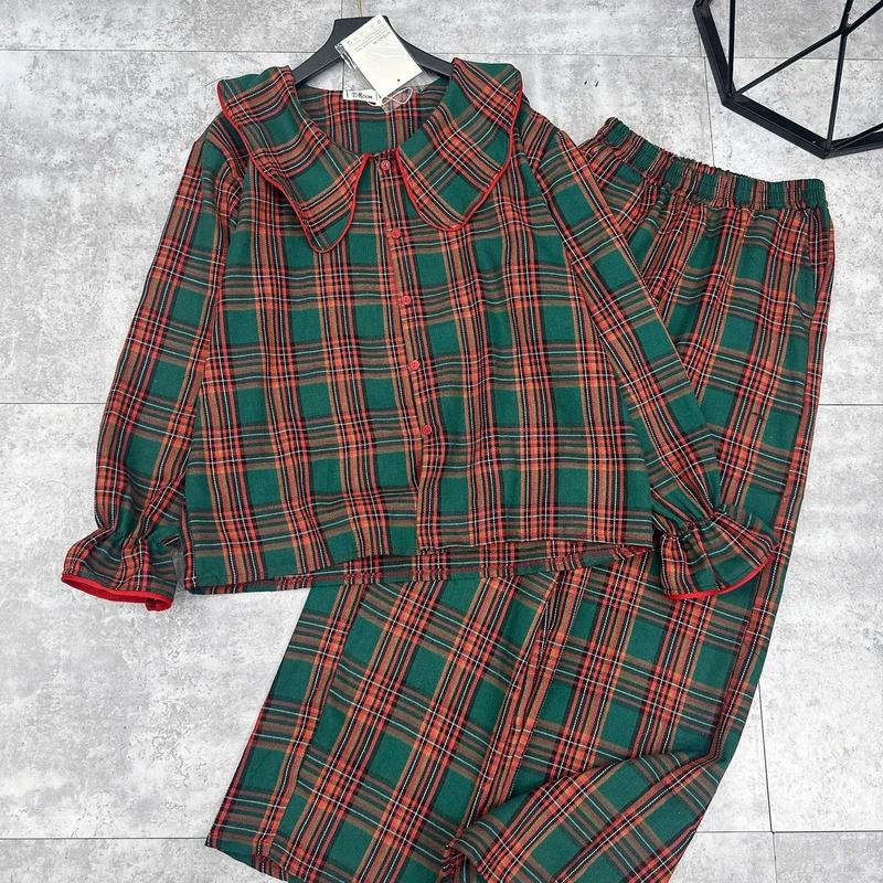 Mặc Nhà Pijama Nữ Cổ Bèo Phối Sọc Kẻ Xanh Noel Chất Thô Dạ Mềm Mại Women 2