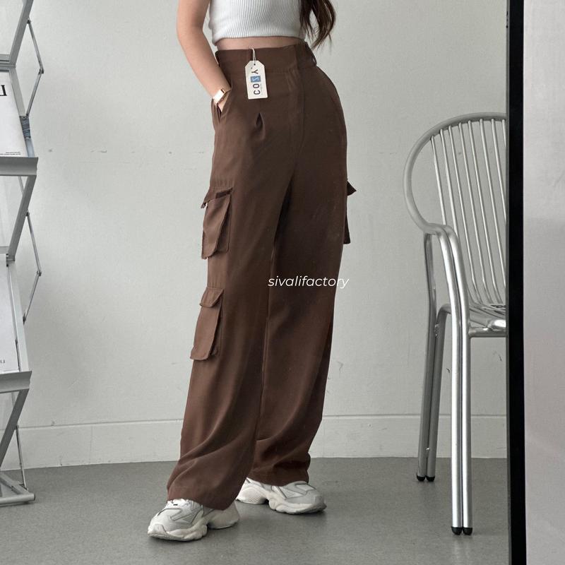 SIVALI Bonnie Cargo Pants - Highwaist Loose Cargo - Celana Kargo Wanita - Baggy Pants Panjang Polyester Kulot Casual Hitam Kantor Kantor Formal Kerja Kerja Kerja Basic Karet 1