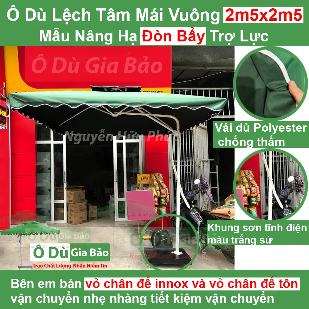 Ô Dù Lệch Tâm Mái Vuông 2m5x2m5 Mẫu nâng hạ đòn bẩy nhập khẩu Che nắng che mưa ngoài trời