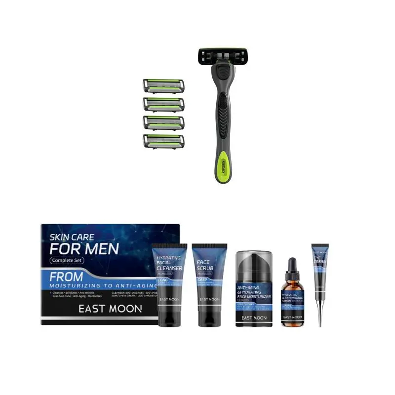Men's Skin Care Kit & Manual Razor Set, Gentle Cleaning & Nourishing Skin Care Kit, Including Facial Cleanser, Scrub, Moisturizer, Serum & Eye Cream, Manual Shaving Kit, Comfort 0