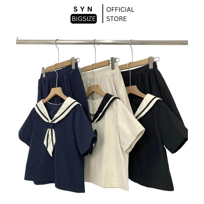  Set Bigsize Nữ Áo Cổ Thủy Thủ Phối Vạt Khăn Chân Váy Thô Hai Da Đi Chơi Đi Học Hẹn Hò Mùa Xuân Mùa Hè Mùa Thu Nữ Tính Hiện Đại Đáng Yêu 