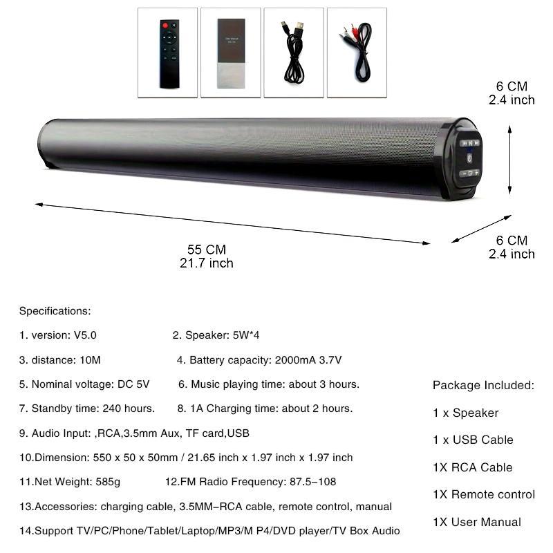 Product Introduction of Wireless Soundbar, USB Rechargeable 5.0 Channel Soundbar with Remote Control, Surround Soundbar for TV, Computer, Home Theater, Audio & Video Product, Smartphone 1